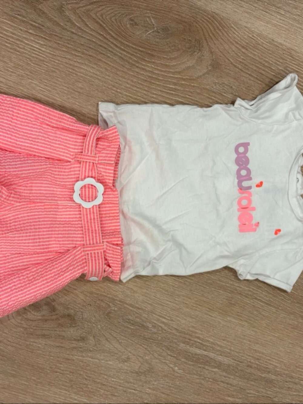 Jacadi Paris 3A 36M 2pc Set White Tee Coral Seersucker Shorts 98cm